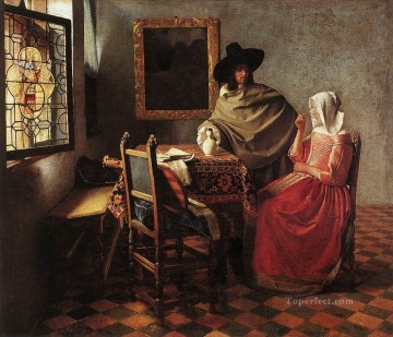 ヨハネス・フェルメール Painting - 酒を飲む貴婦人と紳士 バロック様式 ヨハネス・フェルメール